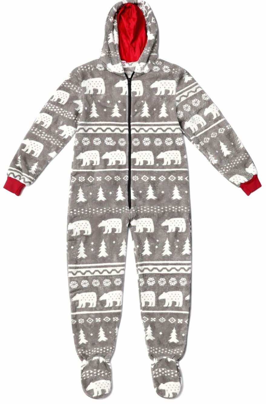 Lazy One Fleece Hoodie Footie Pajamas Women M Fair Isle Bears One Piece Gray